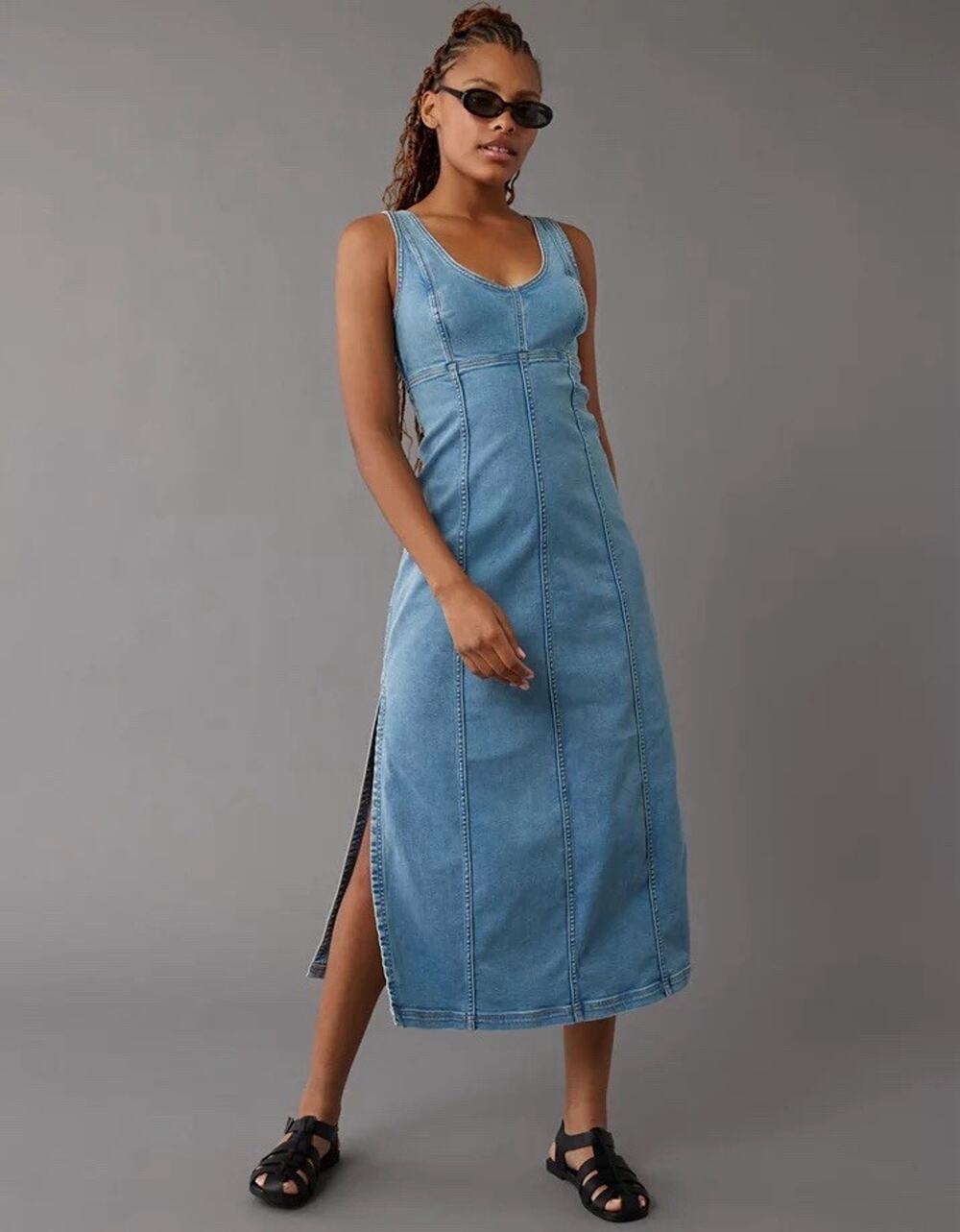 American Eagle Denim Dress Womens 14 Blue Maxi Scoop Neck Sleeveless Side Slit